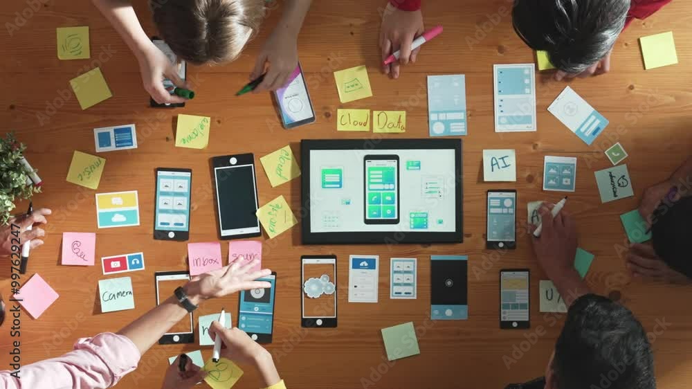 Top view of developer team working together to write idea about Ux ui ...