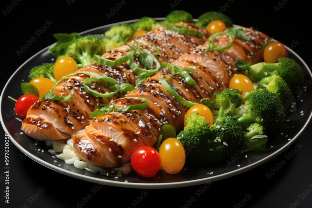 Chicken steak covered with white sesame, peas, tomatoes, broccoli and pumpkin on, generative IA Chicken steak covered with white sesame, peas, tomatoes, broccoli and pumpkin on, generative IA