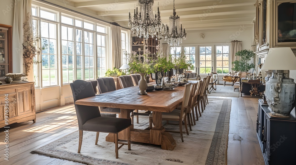 3. An elegant dining room with a long oak table, mismatched chairs, and a chandelier 3. An elegant dining room with a long oak table, mismatched chairs, and a chandelier