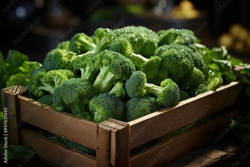 Broccoli in a fresh wooden box vegetable on the wooden surface, generative IA Broccoli in a fresh wooden box vegetable on the wooden surface, generative IA