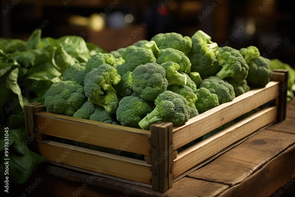 Broccoli in a fresh wooden box vegetable on the wooden surface, generative IA Broccoli in a fresh wooden box vegetable on the wooden surface, generative IA