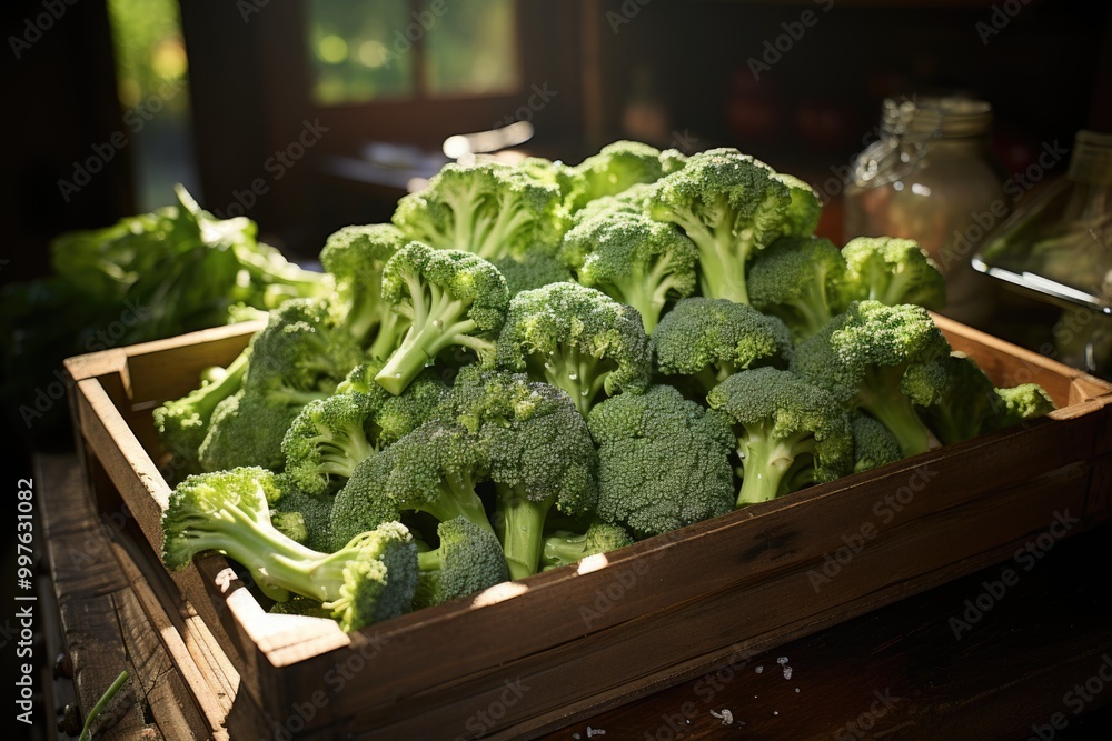 Sliced ??broccoli in wooden box on the wooden floor, generative IA Sliced ??broccoli in wooden box on the wooden floor, generative IA