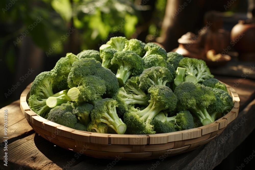 Fresh broccoli in wood plate, generative IA Fresh broccoli in wood plate, generative IA