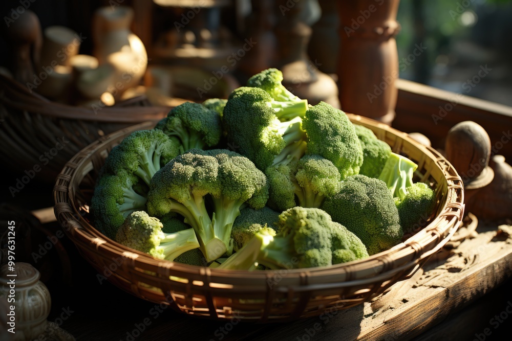 Fresh broccoli in wood plate, generative IA Fresh broccoli in wood plate, generative IA