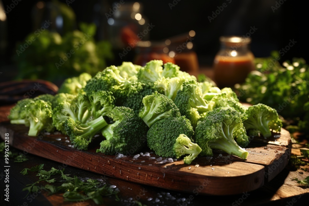 Skillfully sliced ??broccoli and presented in a wooden board, generative IA Skillfully sliced ??broccoli and presented in a wooden board, generative IA
