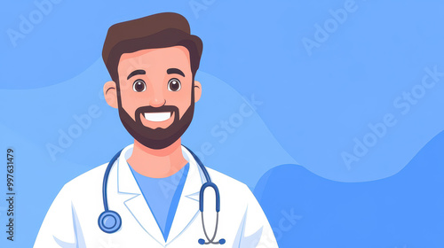 A charming male doctor with a stethoscope stands confidently, bringing a modern cartoon flair to healthcare visuals.