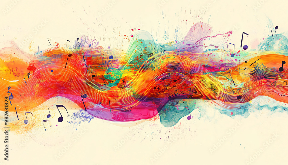 Visual representations of soundwaves in bright colors, accompanied by abstract notes and instruments for a modern, rhythmic aesthetic Visual representations of soundwaves in bright colors, accompanied by abstract notes and instruments for a modern, rhythmic aesthetic