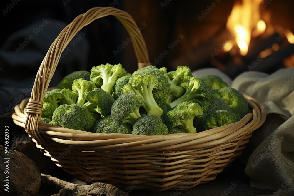 Broccoli in the wicker basket in white background, generative IA Broccoli in the wicker basket in white background, generative IA