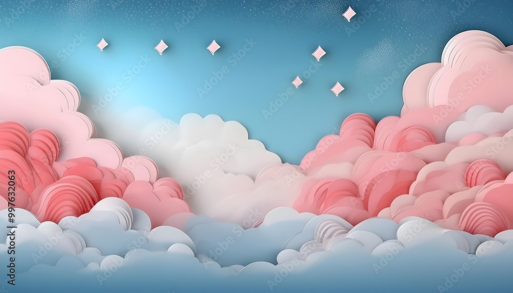 The sky background is filled with pastel fluffy clouds in a paper layer format. The sky background is filled with pastel fluffy clouds in a paper layer format.