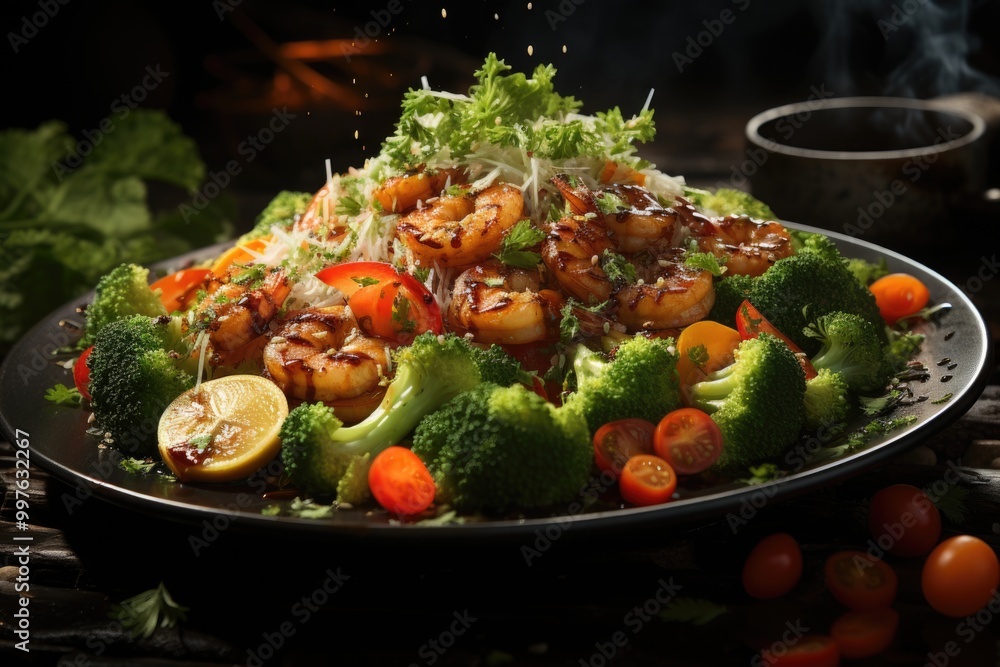Sauteed broccoli with prawns, generative IA Sauteed broccoli with prawns, generative IA