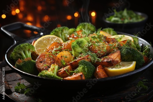 Sauteed broccoli with prawns, generative IA