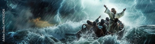 Jesus calming the storm his arms raised photo