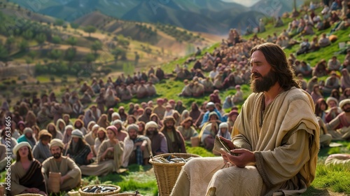 Jesus feeding the 5000 a vast crowd seated on a grassy hill