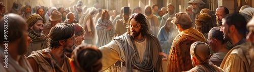Jesus healing a woman with a hemorrhage crowded street scene