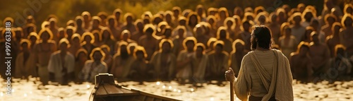 Jesus speaking to the crowds from Peters boat using the natural amphitheater of the shoreline