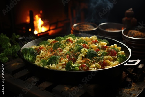 Fusilli mass with tomato and broccoli in the mud dishes, generative IA