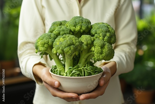 Positive doctor of middle aged woman holding apple and broccoli, recommending p, generative IA photo