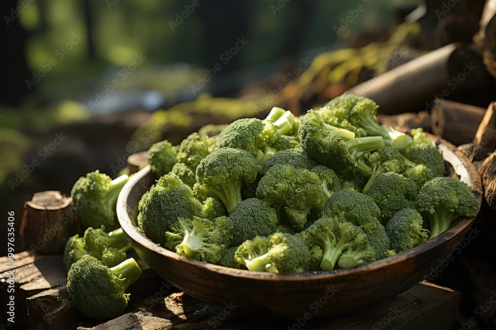 Pieces of broccoli, rustic style, old wooden, generative IA Pieces of broccoli, rustic style, old wooden, generative IA