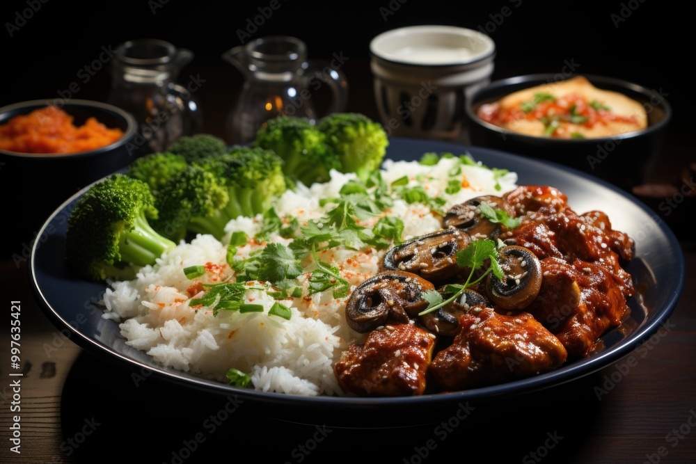 Pieces of chicken fillet with cooked mushrooms in tomato sauce with boiled brocc, generative IA Pieces of chicken fillet with cooked mushrooms in tomato sauce with boiled brocc, generative IA