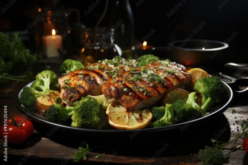Grilled chicken breast with broccoli, generative IA Grilled chicken breast with broccoli, generative IA