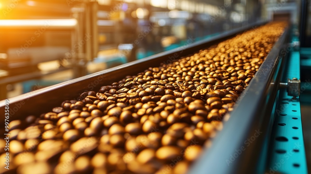 coffee beans on a conveyor belt in a modern factory dedicated to roasting and filtering. coffee beans on a conveyor belt in a modern factory dedicated to roasting and filtering.