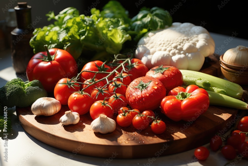 High angle tomatoes view with pepper, onion, eggplant, cucumber, broccoli, garli, generative IA High angle tomatoes view with pepper, onion, eggplant, cucumber, broccoli, garli, generative IA