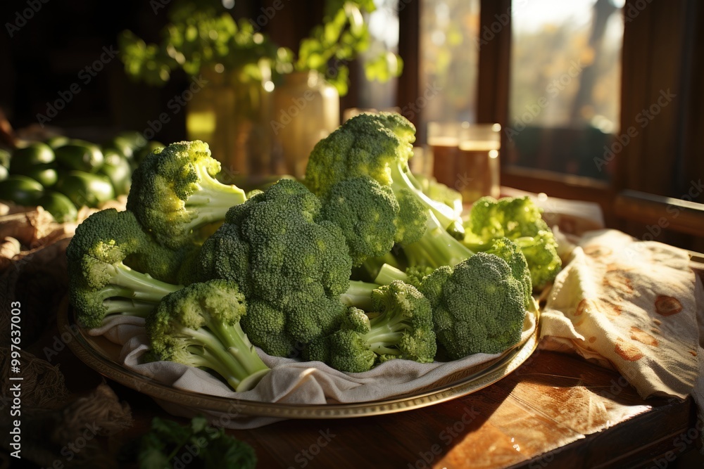 A broccoli with sheet on a wooden table, generative IA A broccoli with sheet on a wooden table, generative IA