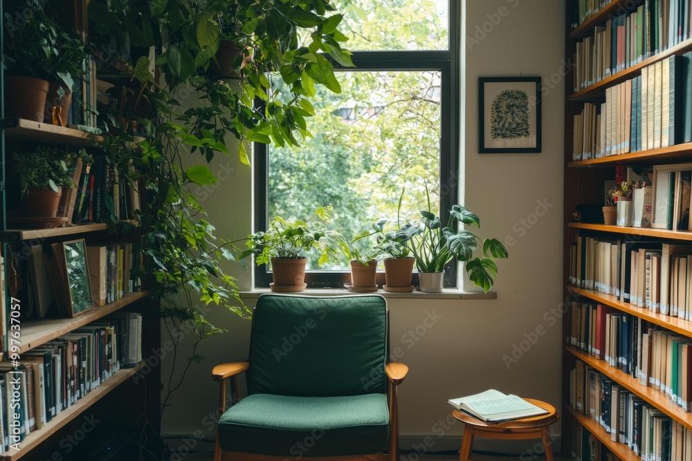 A serene office library with plants and art, creating a relaxing environment for reading and studying, Generative AI A serene office library with plants and art, creating a relaxing environment for reading and studying, Generative AI