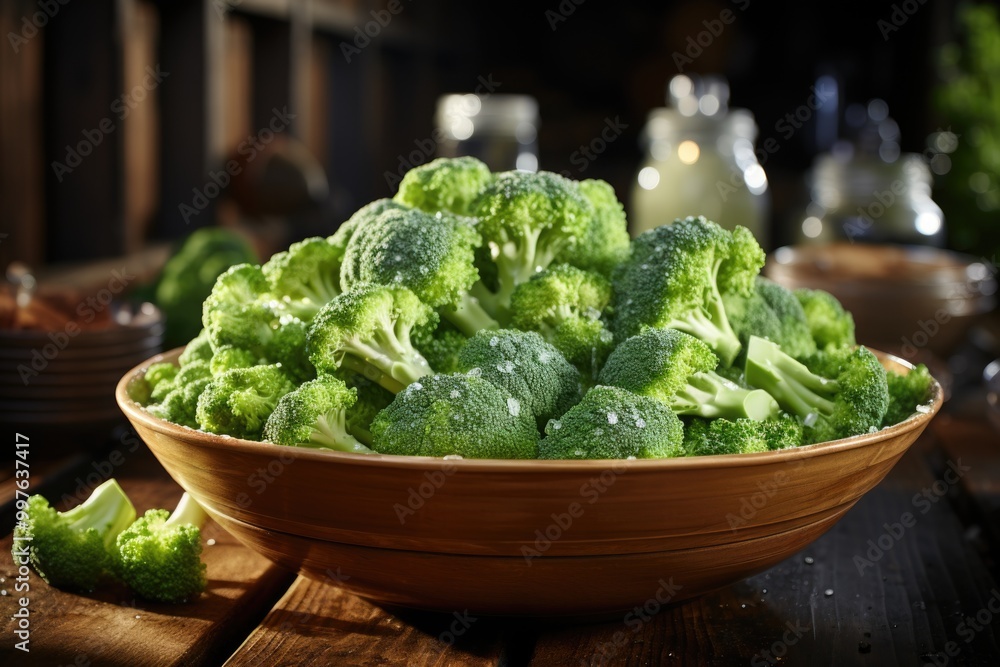 A bowl of fresh raw broccoli ready to cook served on a wooden bottom., generative IA A bowl of fresh raw broccoli ready to cook served on a wooden bottom., generative IA