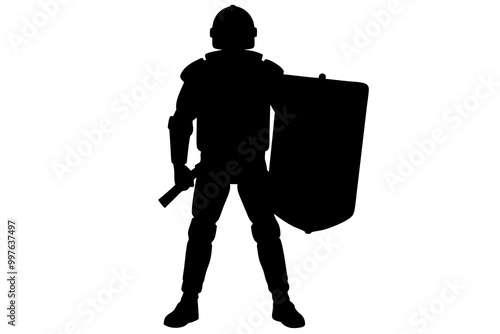 Riot Police Officer Silhouette Standing in Defensive Stance