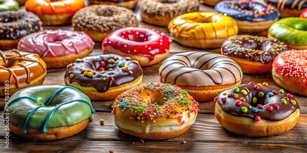 A stunning array of colorful donuts, each topped with unique flavors, presented artfully on a warm wooden surface A stunning array of colorful donuts, each topped with unique flavors, presented artfully on a warm wooden surface