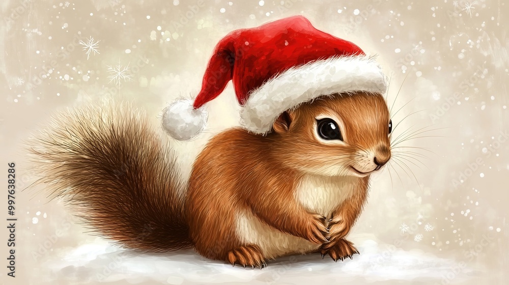 A realistic and adorable fluffy squirrel wearing a festive Christmas hat, perched playfully on a snow-covered branch. This charming scene captures the essence of the holiday season, A realistic and adorable fluffy squirrel wearing a festive Christmas hat, perched playfully on a snow-covered branch. This charming scene captures the essence of the holiday season,