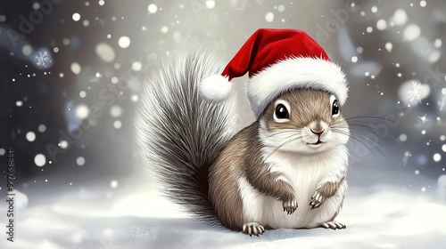 A realistic and adorable fluffy squirrel wearing a festive Christmas hat, perched playfully on a snow-covered branch. This charming scene captures the essence of the holiday season, 