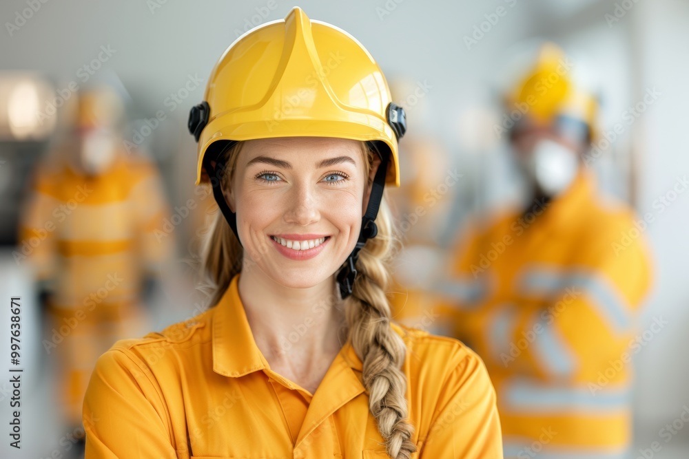 Smiling woman in a yellow hard hat, wearing orange work uniform, team in background. Smiling woman in a yellow hard hat, wearing orange work uniform, team in background.