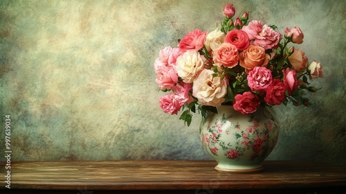 Fototapeta Naklejka Na Ścianę i Meble -  A colorful arrangement of roses and carnations in a vintage vase sits elegantly on a rustic wooden table, radiating charm and beauty. Generative AI
