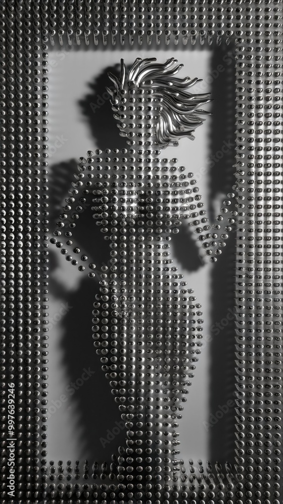 Fototapeta premium monochromatic digital art piece of a woman's figure is skillfully created using thousands of shiny, silver-colored metallic pins hat form a 3D silhouette within a rectangular frame.