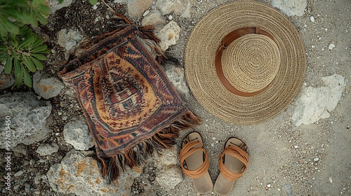 Overhead view of bohostyle woven handbag lying next to a widebrimmed hat and sandals on a sandy beach photo