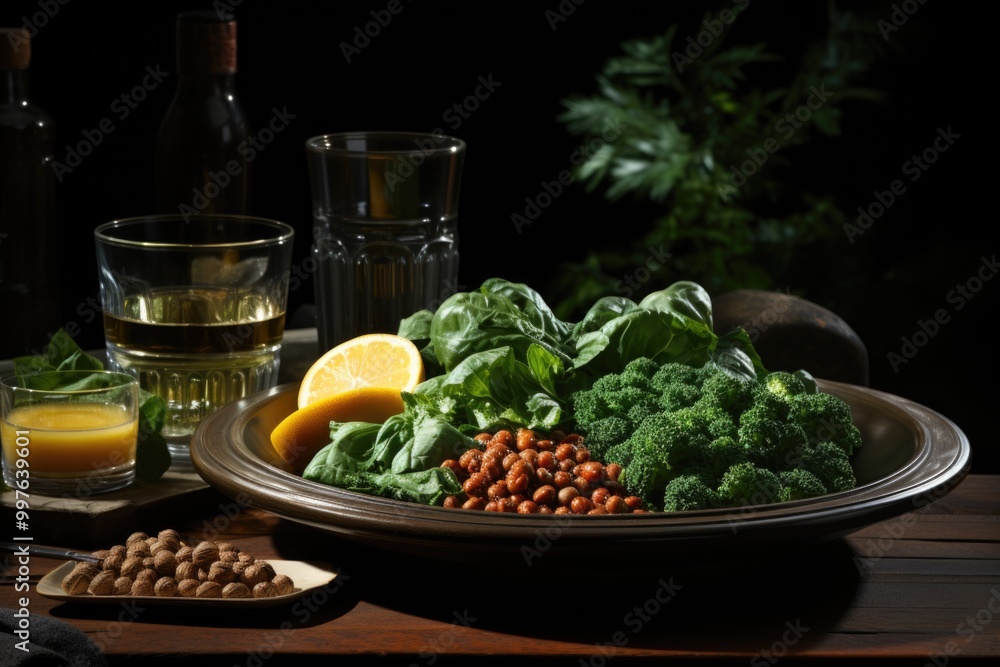 High plate angle with dietary diet and a small bowl with spinach, generative IA High plate angle with dietary diet and a small bowl with spinach, generative IA