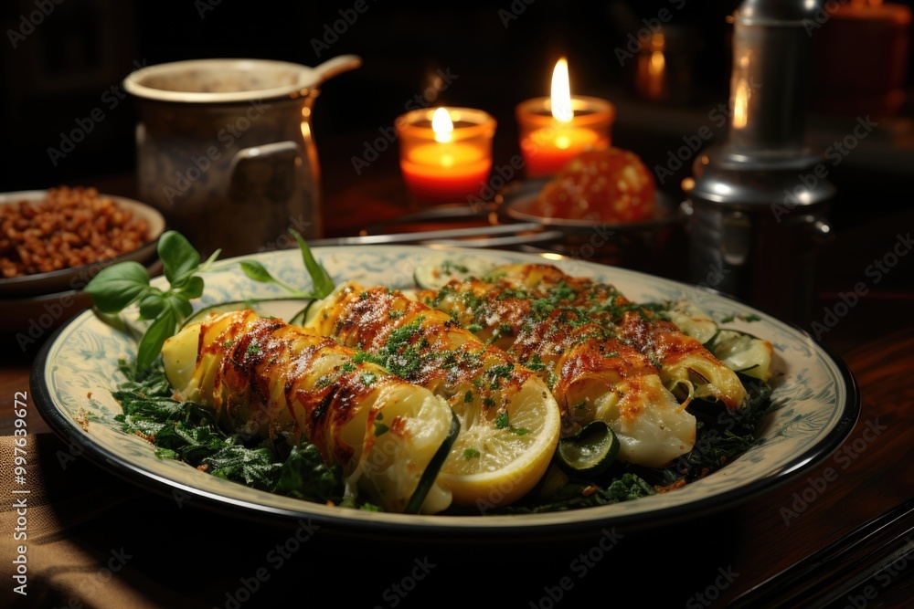 Close of a plate of spinach stuffed with spinach and ricotta served with bologne, generative IA Close of a plate of spinach stuffed with spinach and ricotta served with bologne, generative IA