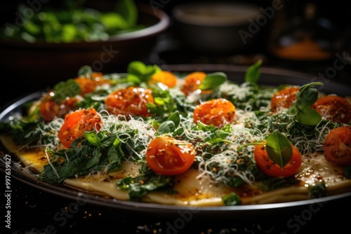 Closeup, from, circular, raw, ravioli, with spinach, and eggs, generative IA