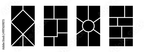 Image collage layout template set. Black mosaic mood board grid collection. Picture composition arrangement. Photo album or memory wall idea for banner, poster, mockup, flyer, brochure. Vector