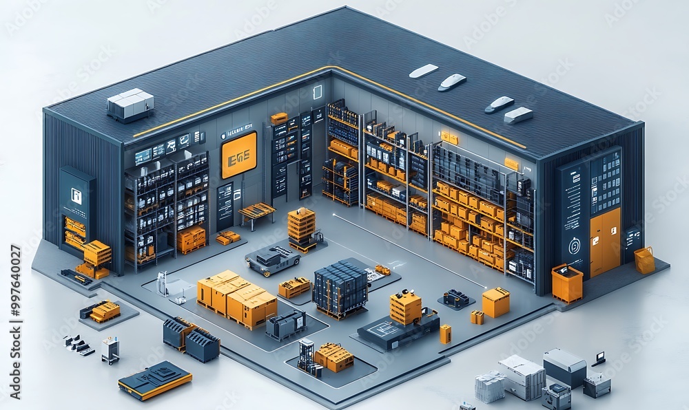 an isometric illustration of a smart warehouse management system emphasizing inventory control. with IoT device design an isometric illustration of a smart warehouse management system emphasizing inventory control. with IoT device design