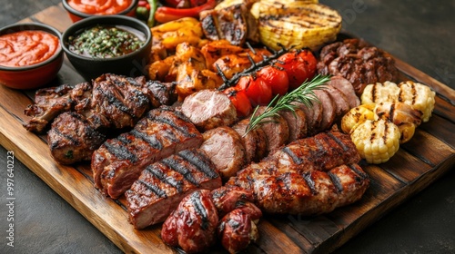 Sizzling Grilled Meat Platter with Varied Veggies on Wooden Board - Perfect BBQ Feast for Sharing