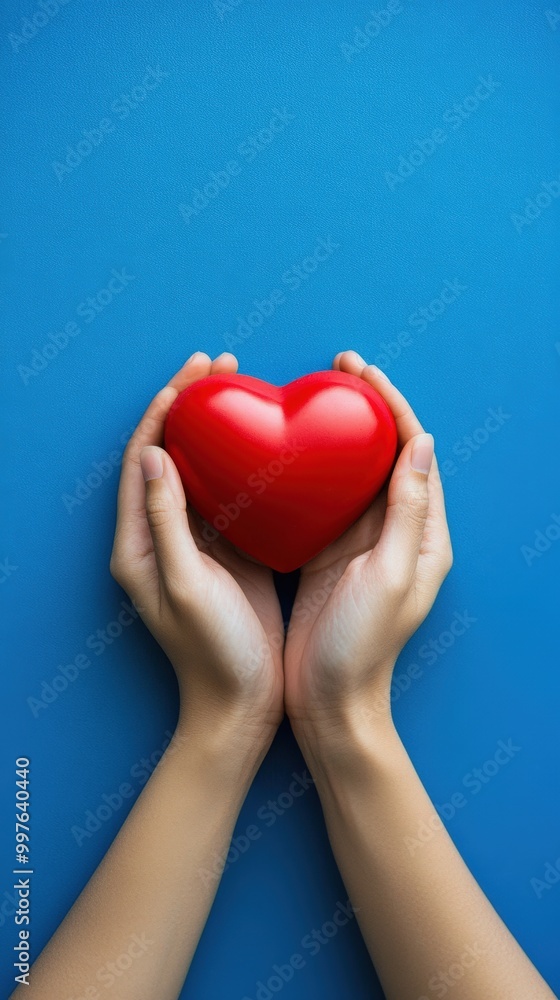 Hands holding a red heart shape on a blue background Hands holding a red heart shape on a blue background