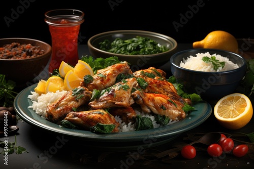 Spinach and chicken wing on a plate next to sliced ??pepper and a bowl of oil on, generative IA