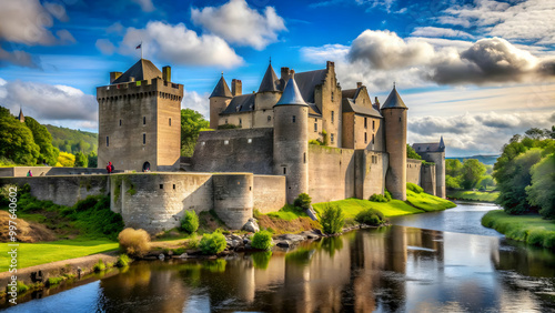 Medieval castle overlooking river with stone walls and turrets, castle, medieval, fortification, historical, architecture