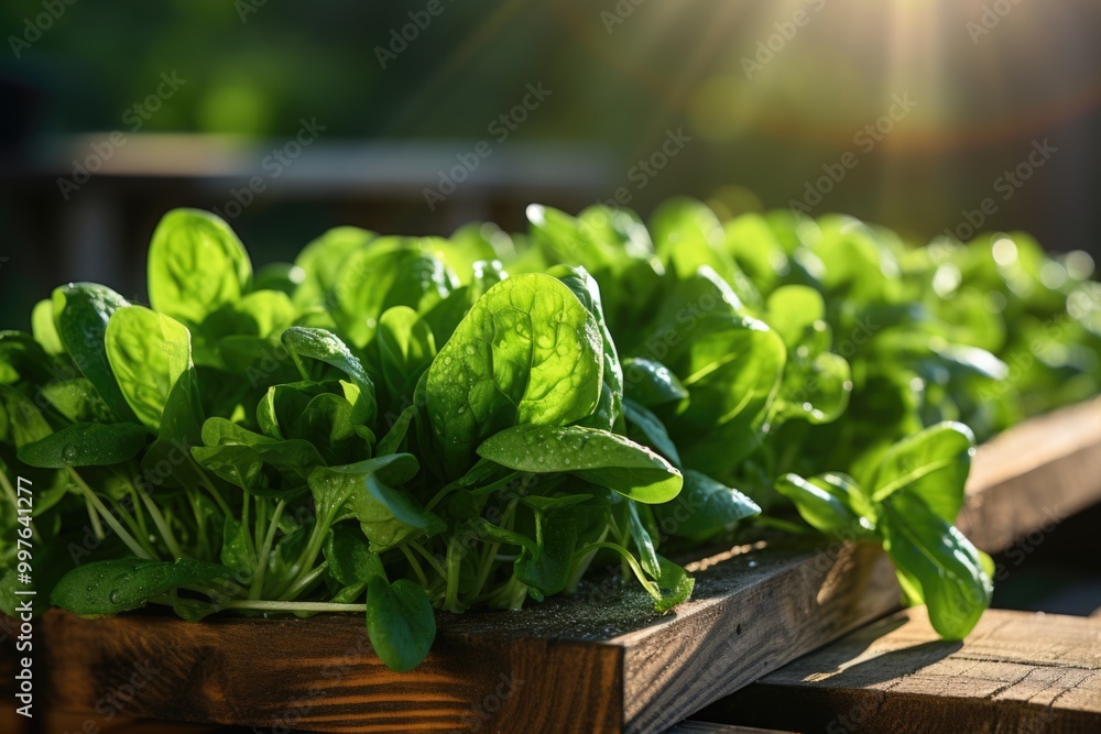 Spinach leaves in succulent green slices lie on a wooden board. Selective Focus,, generative IA Spinach leaves in succulent green slices lie on a wooden board. Selective Focus,, generative IA