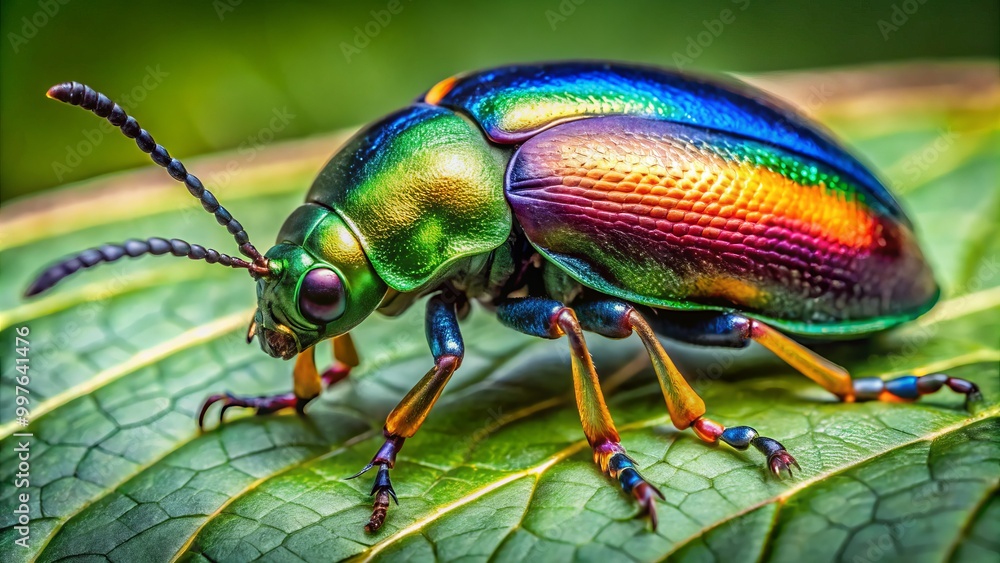 A vivid cantharidae beetle rests on a lush green leaf, revealing its brilliant colors and intricate details, a A vivid cantharidae beetle rests on a lush green leaf, revealing its brilliant colors and intricate details, a