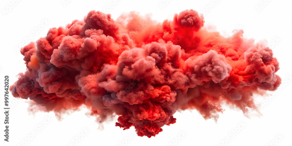 Fototapeta premium Dramatic explosive smoke cloud with red debris on white background symbolizing chaos and impact, dramatic, explosive, smoke, cloud
