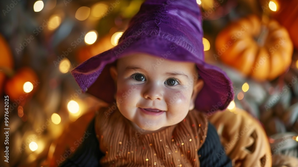 Cute Baby Dressed as a Witch, Smiling with Pumpkins and Twinkling Lights. Cute Baby Dressed as a Witch, Smiling with Pumpkins and Twinkling Lights.